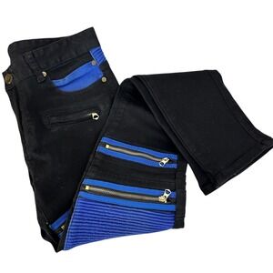 Bie Pa Paris Biker Jeans‎ Mens 29 Black Blue Ribbed Moto Multi-Zip Slim Fit